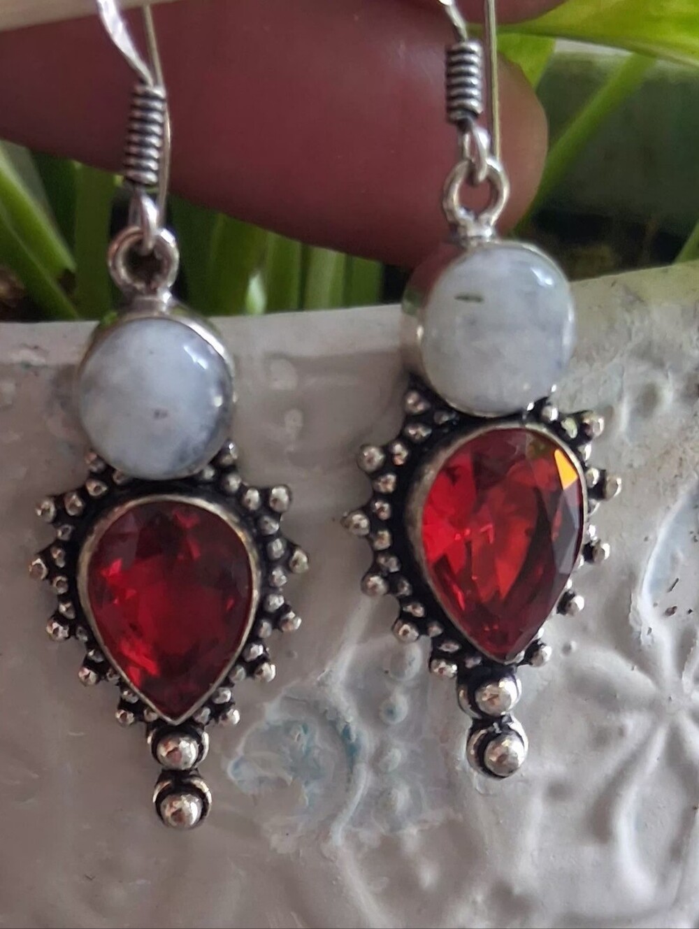 Garnet Moonstone Sterling Silver Boho Earrings 925 - Picture 2 of 3